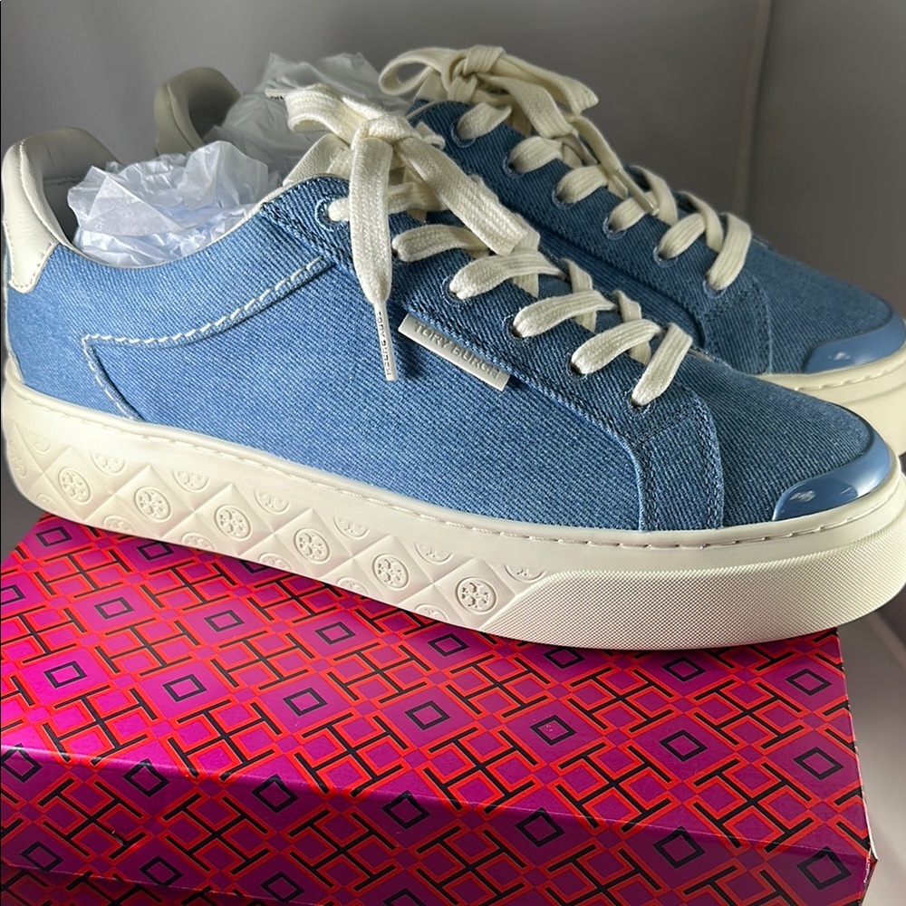 Blue Denim Sneakers with Cream Laces